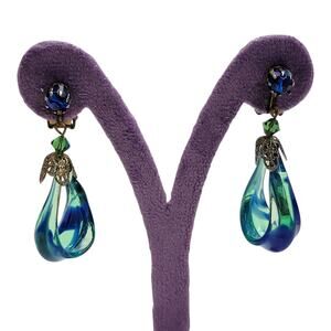 Vintage Art Glass Swirl Teardrop Dangle Clip On Earrings Blue Green Rhinestone